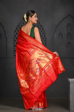 Virasat ~ Handloom Pure Silk Paithani with Most Traditional Double Pallu in Delight Red - verymuchindian.com