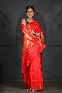 Virasat ~ Handloom Pure Silk Paithani with Most Traditional Double Pallu in Delight Red - verymuchindian.com