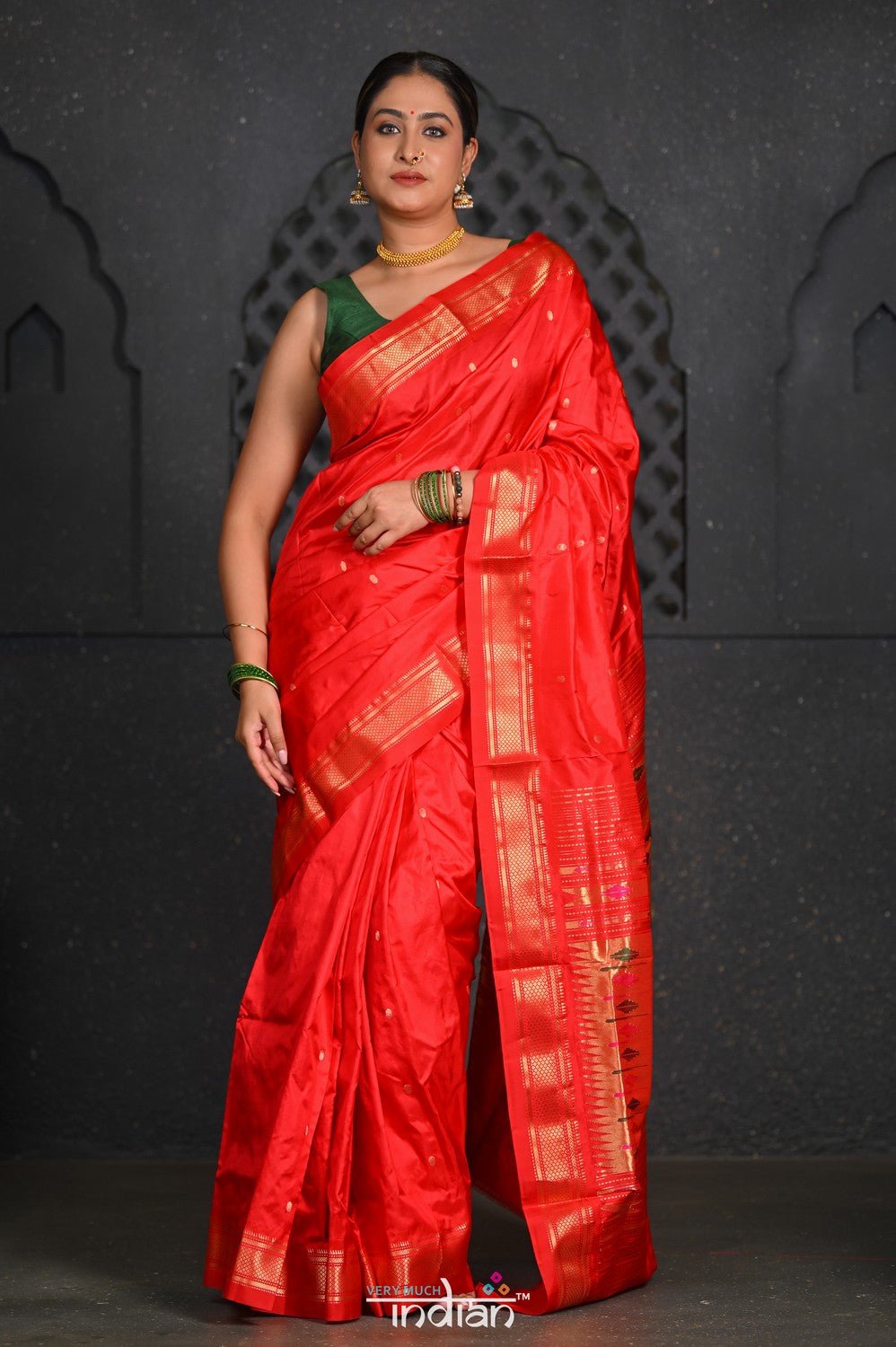 Virasat ~ Handloom Pure Silk Paithani with Most Traditional Double Pallu in Delight Red - verymuchindian.com