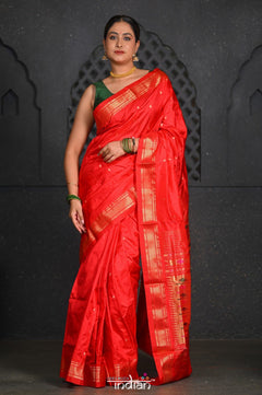 Virasat ~ Handloom Pure Silk Paithani with Most Traditional Double Pallu in Delight Red - verymuchindian.com