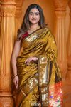 Virasat ~ Handloom Pure Silk Paithani with Peacock Pallu in Golden Yellow - verymuchindian.com