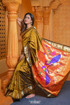 Virasat ~ Handloom Pure Silk Paithani with Peacock Pallu in Golden Yellow - verymuchindian.com