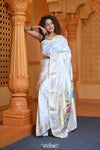 Virasat ~ Handloom Pure Silk Paithani with Peacock Pallu in Starlight White - verymuchindian.com