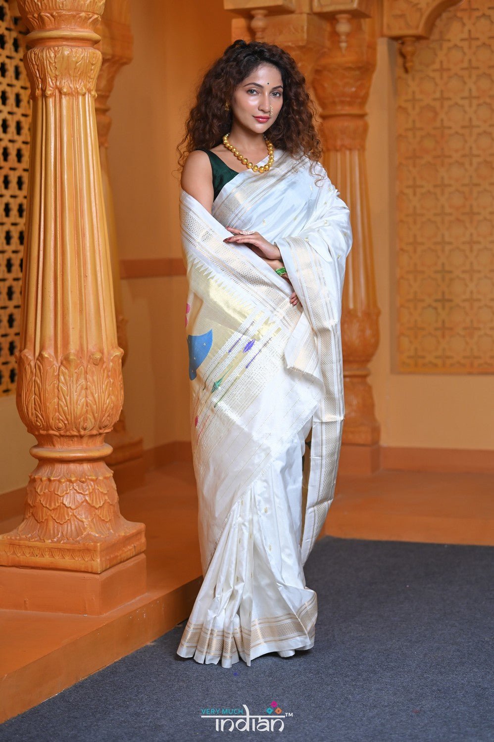 Virasat ~ Handloom Pure Silk Paithani with Peacock Pallu in Starlight White - verymuchindian.com