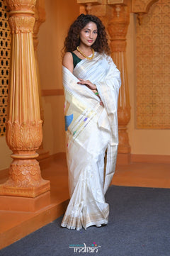 Virasat ~ Handloom Pure Silk Paithani with Peacock Pallu in Starlight White - verymuchindian.com