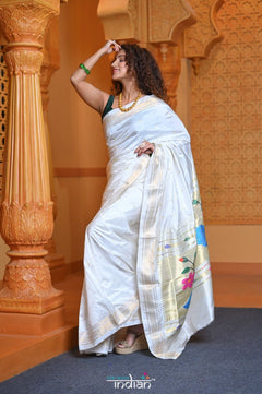 Virasat ~ Handloom Pure Silk Paithani with Peacock Pallu in Starlight White - verymuchindian.com