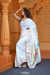 Virasat ~ Handloom Pure Silk Paithani with Peacock Pallu in Starlight White - verymuchindian.com