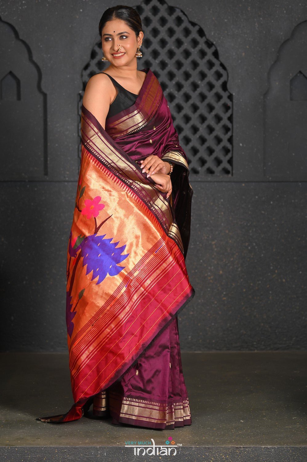 Virasat ~ Handloom Pure Silk Paithani with Peacock Pallu in Wine - verymuchindian.com
