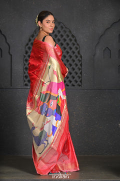 Virasat ~ Handloom Pure Silk Paithani with Radha Krishna Pallu in Peach - verymuchindian.com