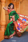 Virasat ~ Handloom Pure Silk Paithani with Red Border & Fancy Peacock Pallu in Royal Green - verymuchindian.com