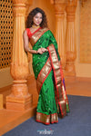Virasat ~ Handloom Pure Silk Paithani with Red Border & Fancy Peacock Pallu in Royal Green - verymuchindian.com