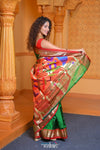 Virasat ~ Handloom Pure Silk Paithani with Red Border & Fancy Peacock Pallu in Royal Green - verymuchindian.com