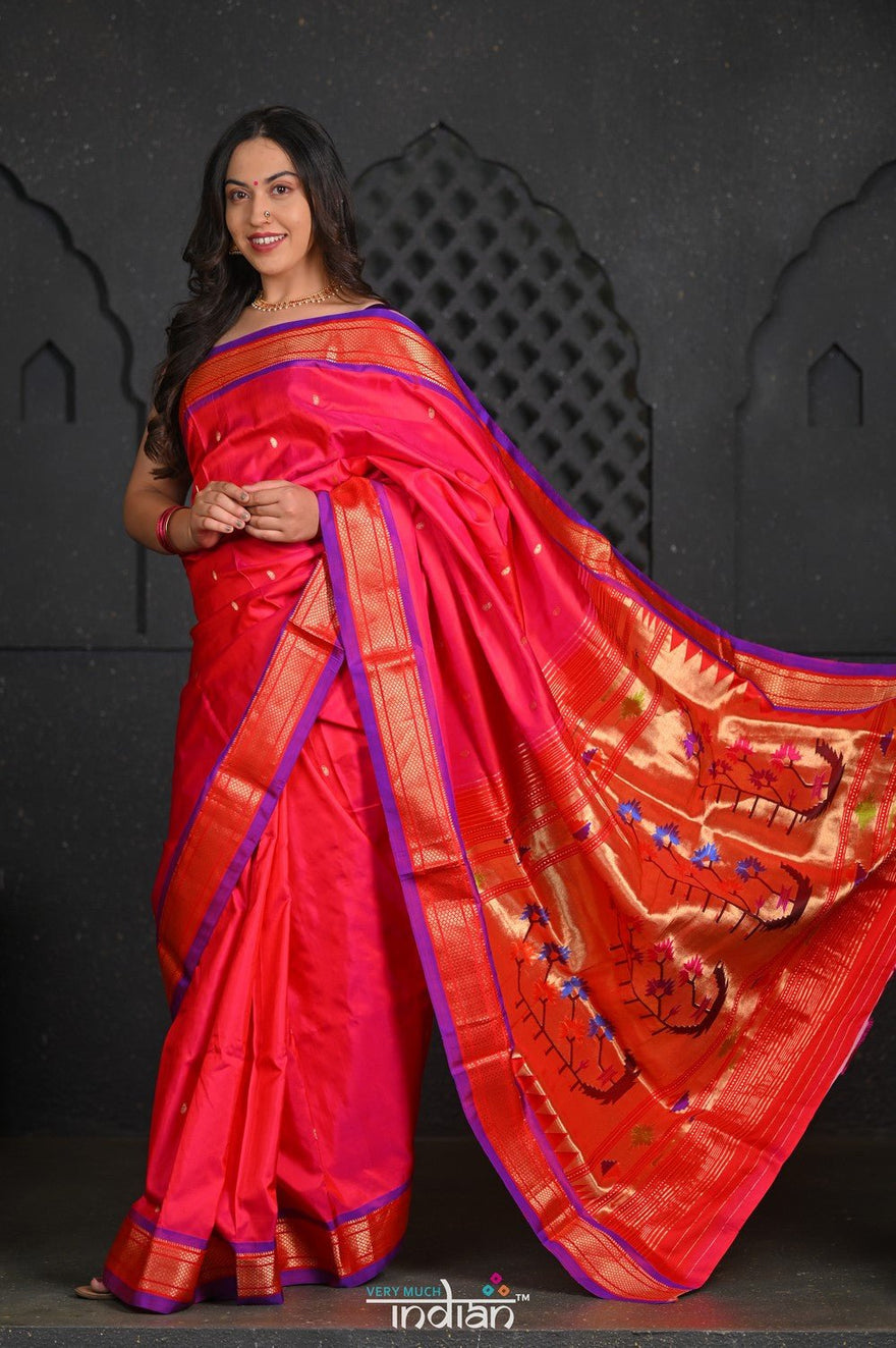 Virasat ~ Handloom Pure Silk Paithani with Revival Asawali Pallu in Zinnia Pink - verymuchindian.com