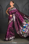 Virasat ~ Handloom Pure Silk Paithani with Silver Zari Parrot Peacock Pallu in Purple - verymuchindian.com