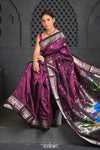 Virasat ~ Handloom Pure Silk Paithani with Silver Zari Parrot Peacock Pallu in Purple - verymuchindian.com