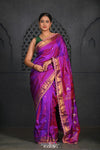 Virasat ~ Handloom Pure Silk Paithani with Vine Pallu with Embroidered Border in Purple Pink - verymuchindian.com