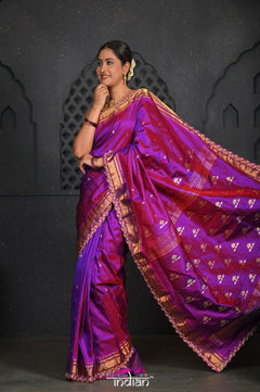 Virasat ~ Handloom Pure Silk Paithani with Vine Pallu with Embroidered Border in Purple Pink - verymuchindian.com