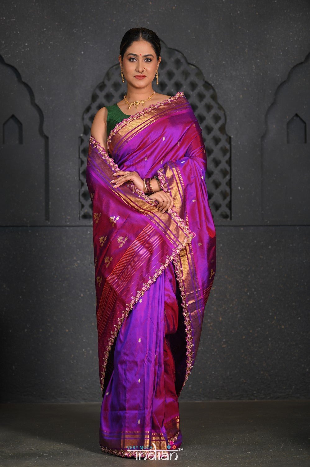 Virasat ~ Handloom Pure Silk Paithani with Vine Pallu with Embroidered Border in Purple Pink - verymuchindian.com