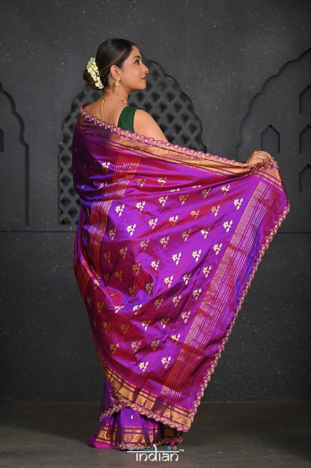Virasat ~ Handloom Pure Silk Paithani with Vine Pallu with Embroidered Border in Purple Pink - verymuchindian.com