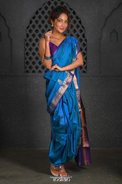 Virasat ~ Handloom Pure Silk Peshwai Nauvari Saree in Turquoise Blue - verymuchindian.com