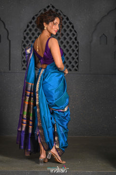 Virasat ~ Handloom Pure Silk Peshwai Nauvari Saree in Turquoise Blue - verymuchindian.com