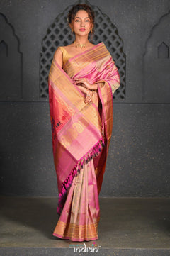 Virasat ~ Handloom Pure Silk Tissue Maharani Paithani with Maharani Pallu in Dual Tone Pink Green - verymuchindian.com
