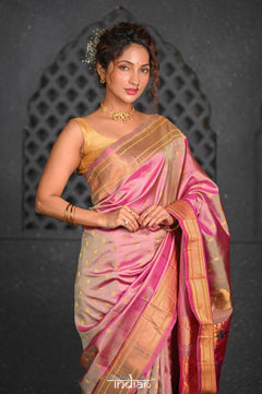 Virasat ~ Handloom Pure Silk Tissue Maharani Paithani with Maharani Pallu in Dual Tone Pink Green - verymuchindian.com