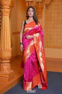 Virasat ~ Handloom Pure Silk Triple Muniya Border Paithani with Parrot Pallu in Rani Pink - verymuchindian.com