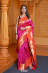 Virasat ~ Handloom Pure Silk Triple Muniya Border Paithani with Parrot Pallu in Rani Pink - verymuchindian.com