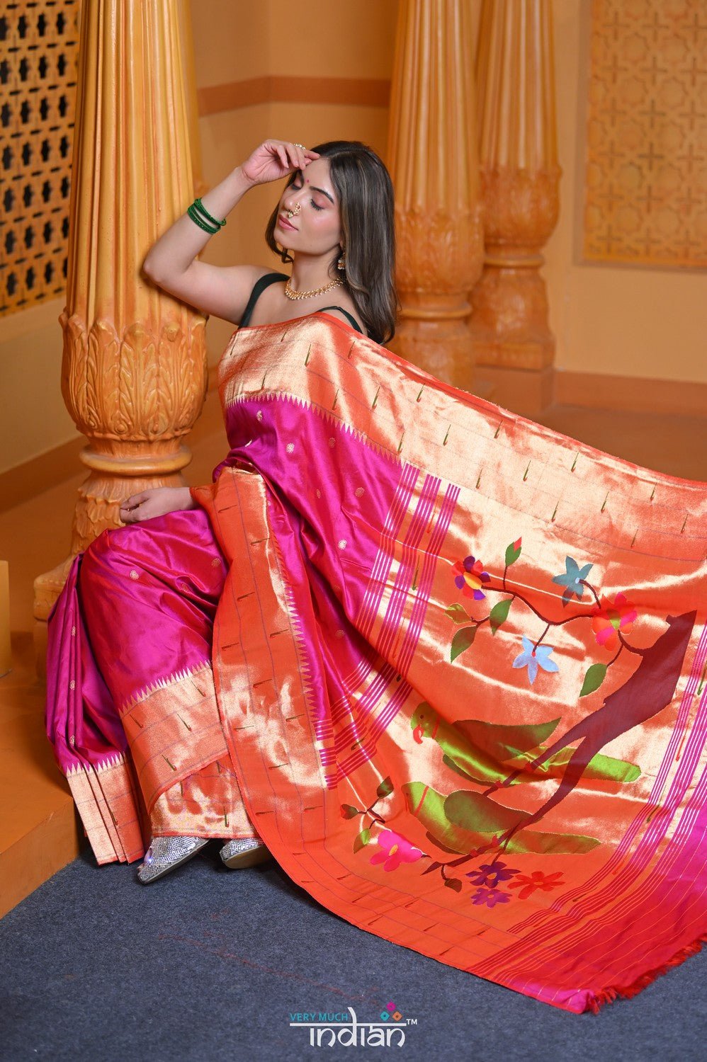 Virasat ~ Handloom Pure Silk Triple Muniya Border Paithani with Parrot Pallu in Rani Pink - verymuchindian.com