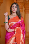 Virasat ~ Handloom Pure Silk Triple Muniya Border Paithani with Parrot Pallu in Rani Pink - verymuchindian.com