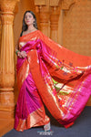 Virasat ~ Handloom Pure Silk Triple Muniya Border Paithani with Parrot Pallu in Rani Pink - verymuchindian.com