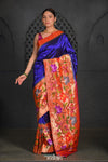 Virasat ~ Premium! Handloom Pure Silk Half Over Paithani with Floral Theme in Royal Blue - verymuchindian.com