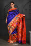 Virasat ~ Premium! Handloom Pure Silk Half Over Paithani with Floral Theme in Royal Blue - verymuchindian.com