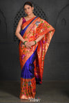 Virasat ~ Premium! Handloom Pure Silk Half Over Paithani with Floral Theme in Royal Blue - verymuchindian.com