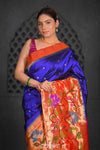 Virasat ~ Premium! Handloom Pure Silk Half Over Paithani with Floral Theme in Royal Blue - verymuchindian.com
