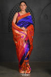 Virasat ~ Premium! Handloom Pure Silk Half Over Paithani with Floral Theme in Royal Blue - verymuchindian.com