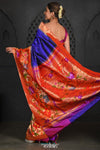 Virasat ~ Premium! Handloom Pure Silk Half Over Paithani with Floral Theme in Royal Blue - verymuchindian.com