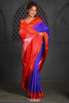 Virasat ~ Traditional Cotton Ilkal Saree in Beautiful Contrast Resham Pallu ~ Blue Red - verymuchindian.com