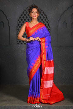 Virasat ~ Traditional Cotton Ilkal Saree in Beautiful Contrast Resham Pallu ~ Blue Red - verymuchindian.com