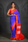 Virasat ~ Traditional Cotton Ilkal Saree in Beautiful Contrast Resham Pallu ~ Blue Red - verymuchindian.com