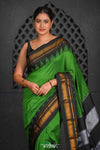 Virasat ~ Traditional Cotton Ilkal Saree in Beautiful Contrast Resham Pallu ~ Green Black - verymuchindian.com
