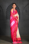 Virasat ~ Traditional Cotton Ilkal Saree in Beautiful Contrast Resham Pallu ~ Off White Pink - verymuchindian.com