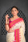Virasat ~ Traditional Cotton Ilkal Saree in Beautiful Contrast Resham Pallu ~ Off White Pink - verymuchindian.com
