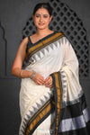 Virasat ~ Traditional Cotton Ilkal Saree in Beautiful Contrast Resham Pallu ~ White Black - verymuchindian.com
