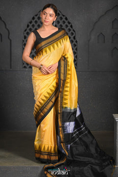 Virasat ~ Traditional Cotton Ilkal Saree in Beautiful Contrast Resham Pallu ~ Yellow Black - verymuchindian.com