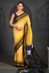 Virasat ~ Traditional Cotton Ilkal Saree in Beautiful Contrast Resham Pallu ~ Yellow Black - verymuchindian.com