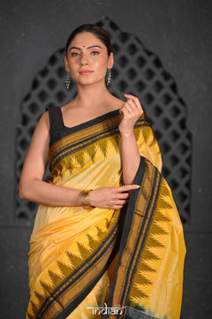 Virasat ~ Traditional Cotton Ilkal Saree in Beautiful Contrast Resham Pallu ~ Yellow Black - verymuchindian.com