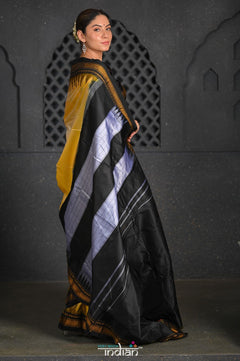 Virasat ~ Traditional Cotton Ilkal Saree in Beautiful Contrast Resham Pallu ~ Yellow Black - verymuchindian.com