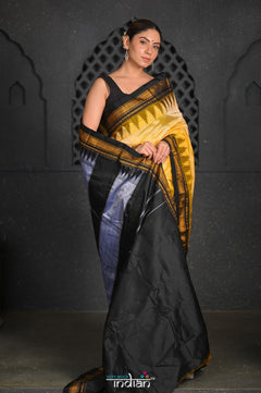Virasat ~ Traditional Cotton Ilkal Saree in Beautiful Contrast Resham Pallu ~ Yellow Black - verymuchindian.com